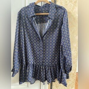 DG2 by Diane Gilman Blue Ruffle Hem Peplum Blouse - Size 1X